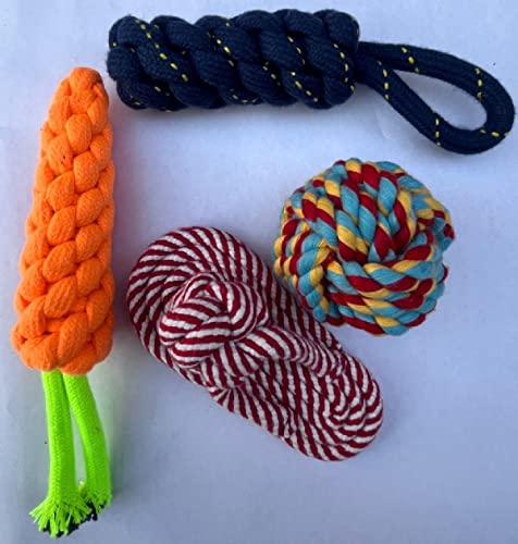 Image of Toys for Puppies 4in1 Combo with Rope Teething, Sleeper, Carrot, Aggressive Cotton Ball, Chew Toy, Training Aid for Dogs - for Small and Medium Dogs