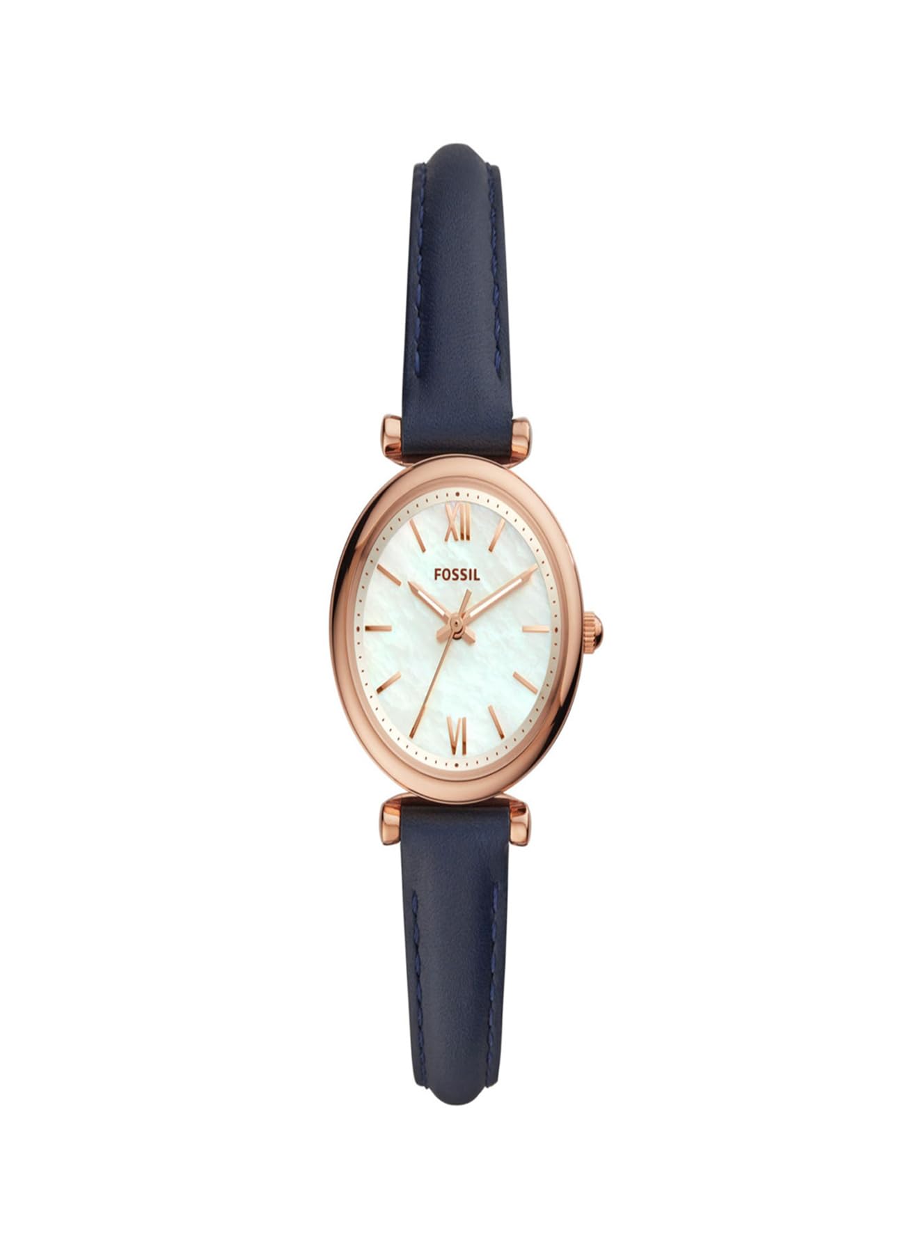 Fossil Carlie Mini Damenuhr – Perlmuttzifferblatt, roségoldenes Gehäuse, blaues Lederband