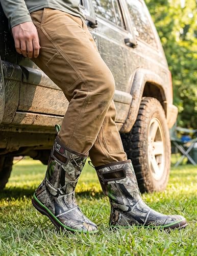 Image of Trudave Rubber Rain Boots for Men, Neoprene Waterproof Rain Boots, Mid Calf All-Season Mud Boots, Insulated Warm Outdoor Work Shoes for Hunting, Gardening, Farming, Yard Working