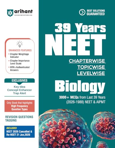 Image of Arihant 39 Years NEET Chapterwise Topicwise Levelwise Physics, Chemistry, Biology | 1800+ PYQs from NEET & AIPMT (2026-1988) | NTA Authenticated Solutions with Revision Question Tagging