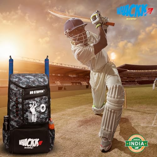 Image of WHACKK Kallis 103L Unisex Cricket Kit Bag Backpack | Adult Size | 2 Bat | Shoe /Helmet Pocket | Main Compartment 18 inch Leg Pad |2 Bottle Holder | Easy Access Pocket | Player Edition Senior (Grey Black)