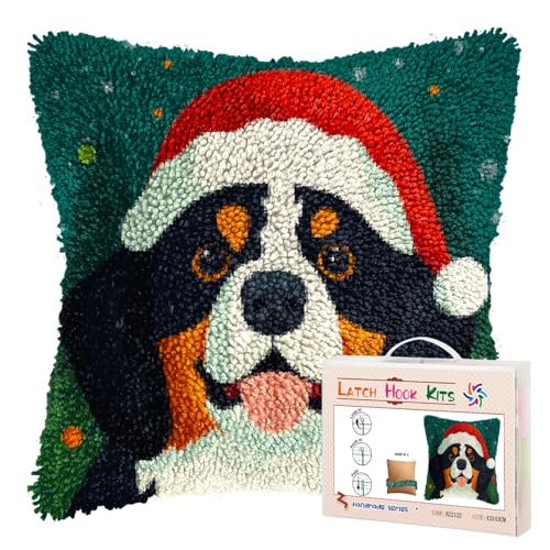 Latch Hook Pillow Kits for Adults Merry Christmas Bernese Mountain Dog DIY Pillow Cover Printed Pillowcase Crochet Yarns Hooking Handmade Cushion for Home Sofa Decoration 17x17inch(1)