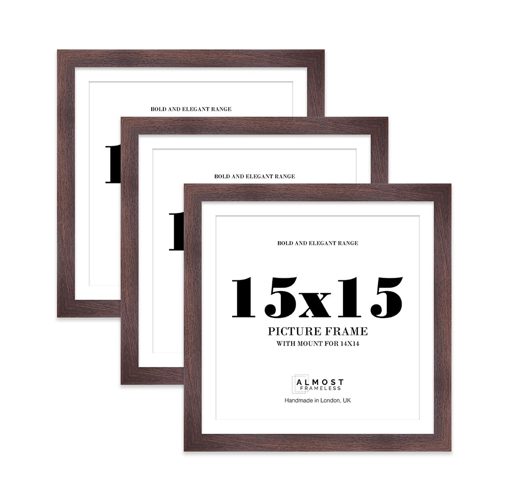 15x15" Walnut Square Frame With Mount for 14x14" Pictures 28mm Edge Frame Display with Wall Hooks, 3 Pack