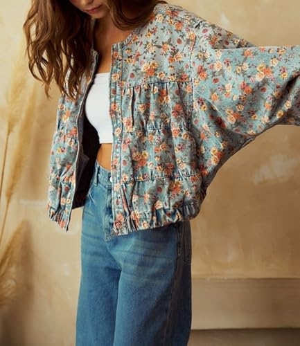 loveimgs Women Retro Floral Denim Jacket Long Sleeves Zip Up Jean Trucker Jackets Patchwork Collarless Jeans Coat Fall Pocket4