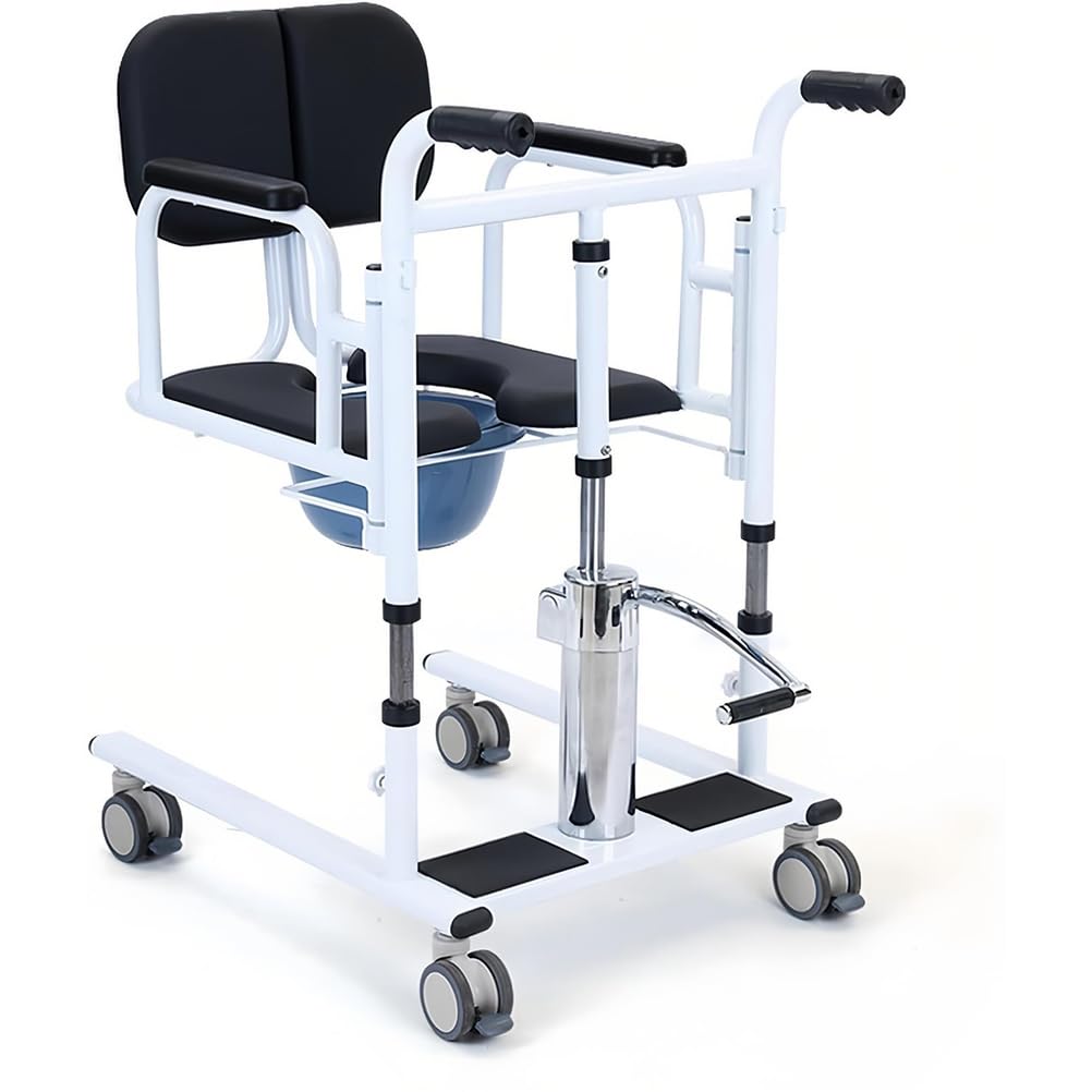 Hydraulic Patient Lift Transfer Chair for Home, Portable Bedside Commode Wheelchair, Transfer Aid for Elderly, Adjustable Height, 180°Split Seat, 200KG Capacity