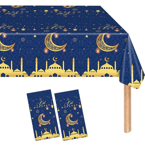Image of 2 Pack Eid al-Fitr Plastic Table Covers Table Cloths BBQ Picnic Party Table Cloth Blue Table Cover 54 x 108 in