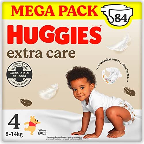 Huggies Extra Care Pañal para bebé con Disney Talla 4 (8-14 kg), 3 packs x 28 pañales, Total 84 Pañales