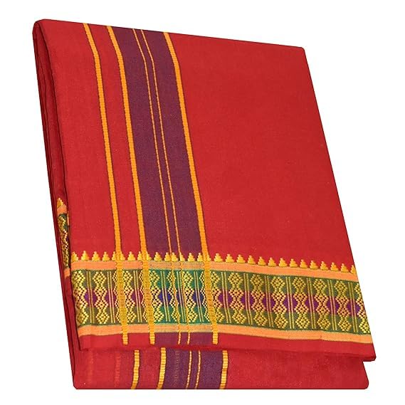 Men's Panchakacham Cotton Dhoti with Angavasthram, Zari Border Traditional Ethnic Wear Set, 9 x 5 Size, 4.0 Meter Dhoti & 2.25 Meter Towel, White Red-picture-27