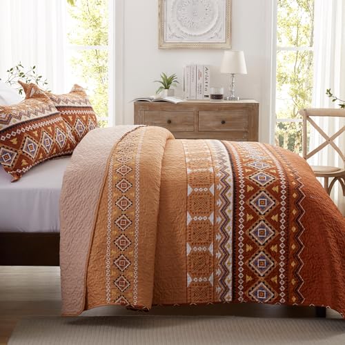 LEAONME Quilt Set Full/Queen Size 3 Piece Bedspread Coverlet Lightweight Comforter Microfiber Bedding Set All Season Oversized 90x98 Inch Bed Cover Bohemian Burnt Orange/Rust(1 Quilt,2 Pillow Shams)