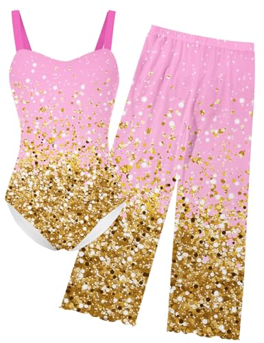 Cutemile 6-12Y Girls One Piece Swimsuit with Cover Up Pants Kids 2 Piece Bathing Suit