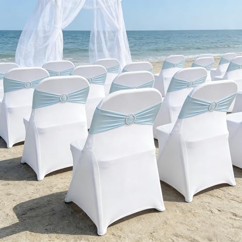 Image of Spandex Chair Sashes Bands, Baby Blue, 30PCS | Stretch Chair Ties Bows, With Buckle Slider, For Wedding Party Banquet Decoration