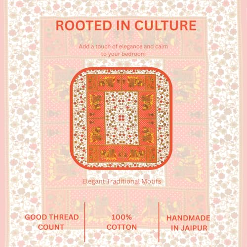 Image of JAIPUR PRINTS 160-TC, 100% Cotton Bedsheet for Double Size Bed bedsheets Rajasthani Traditional Double Size Bedsheet with 2 Pillow Cover /90x100 inch /235x215cm /Soft-Breathable & Durable /Orange Gangor