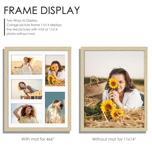 Image of DUENPY 11x14 Collage Picture Frame 4x6 Collage Picture Frame Displays Five 4x6 inch Photos or 11x14 (Without Mat) Wall Decor Wall Hanging or Tabletop Wood Color