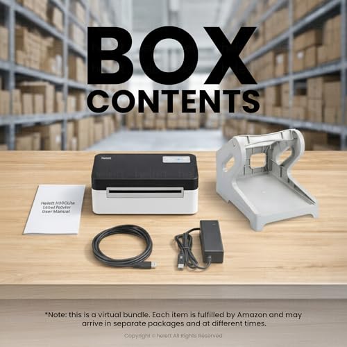 Image of helett H30C Lite 4x6 Shipping Label Printer with Label Holder | 203 DPI USB Thermal Barcode Printer | Adjustable Size | Windows /Mac /Linux Compatible | High-Speed 152mm /s | White + Label Stand