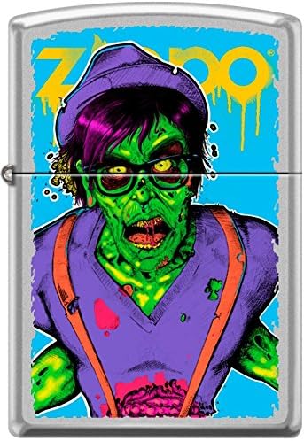 Zippo Neon Hipster Zombie Walking Dead Satin Chrome WindProof Lighter NEW