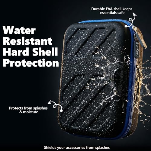 Image of BonKaso Tech Organizer Pouch Hard Shell - Travel Electronics Accessories Case for Charger, USB Cable, Power Bank, Earphones & Hard Drive | Compact EVA Storage Bag - Black & Blue