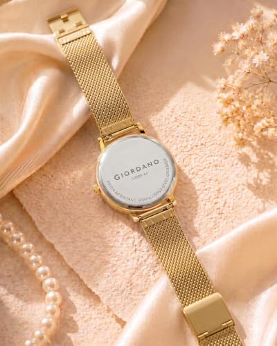 Image of Giordano Analog Quartz Watch for Women with Round Dial, Two-Hand Display, Crystal-Studded Hour Markers and Bezel and Stainless Steel Mesh Strap - A2085