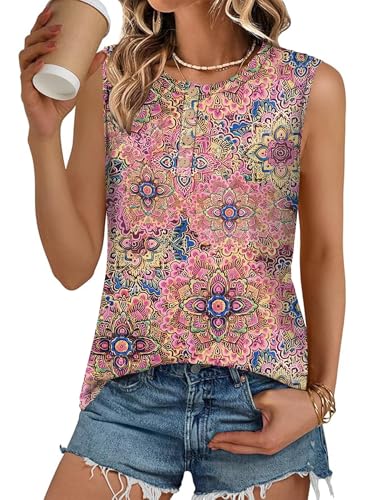 Image of Lomon Tank Top for Women Crew Neck Sleeveless Casual Tee Shirts Fashion Tunic Tops Blouses (Pink Floral,M)