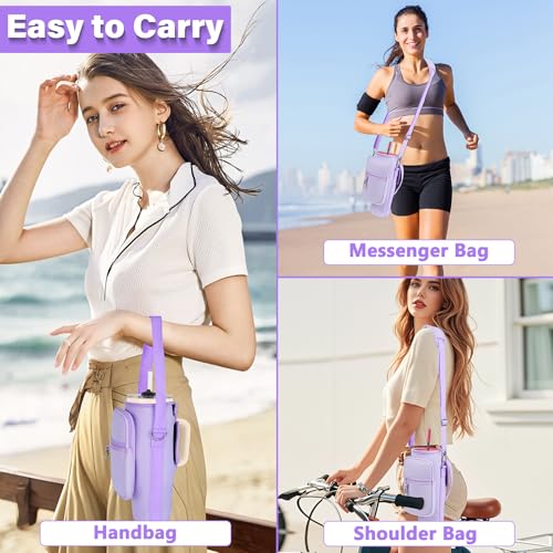 Image of Water Bottle Carrier Bag with Phone Pocket Compatible with Stanley /Meoky 40 oz Tumbler with Handle,Water Bottle Holder Pouch with Adjustable Strap Compatible with Stanley Cup Accessories,Purple