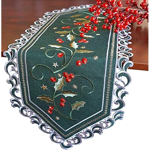 GRANDDECO Holiday Christmas Table Runner, Cutwork Embroidered Floral Holly Berry Dresser Scarf Table Topper for Home Dining Xmas Table Decorations，Runner 13"x36",Dark Green Cover