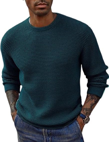 Image of ColorChakra Waffle Knit Mens Sweater Woolen Round Neck Wool Pullover