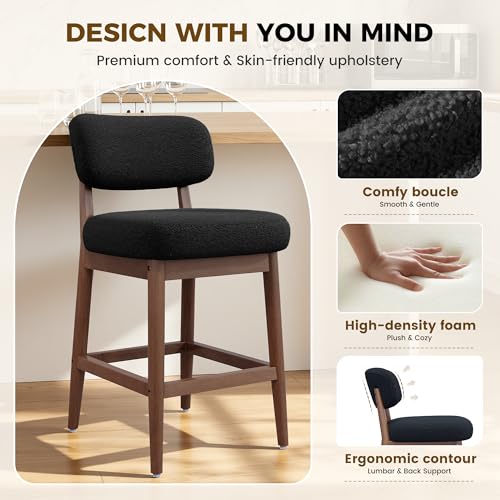 Image of Counter Height Bar Stools Set of 4, Mid-Century Modern Boucle Bar Chairs with Solid Wood Frame, Fluffy Upholstered Stools with Backrest for Kitchen Island, Home Bar, Charcoal Black