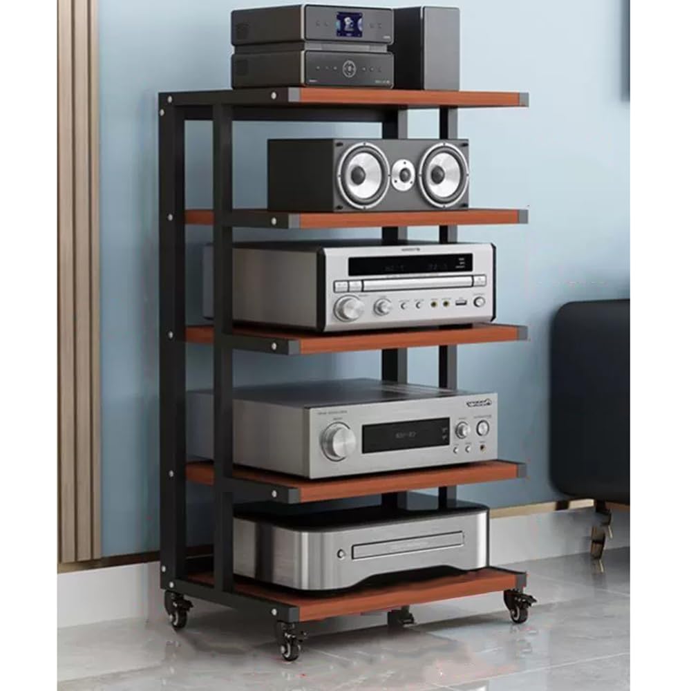 IEOWY 5 Tier Black and Teak Audio Stand Hifi Rack with Brake Wheel AV Cabinet for Media Components Corner Audio Tower with Open Design Stylish Stereo Rack for Home Entertainment