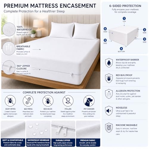 Image of 100% Waterproof King Size Zipper Mattress Encasement - Ultra Soft & Breathable Six-Sided Bed Cover, Dustproof Noiseless Fitted Design, 78x72 Inch (6x6 Feet), Fits Up to 6 Inch Mattress, White