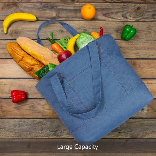 Image of TOPDesign 1-Pack Canvas Tote Bag with an External Pocket, Reusable Grocery Shopping Bag, Top Zipper Closure, Daily Essentials (Medium Blue Demim)