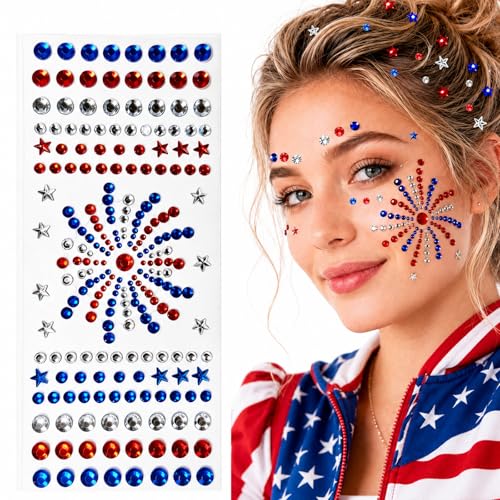 Go Ho 4th of July Star Face Hair Gems,Red White and Blue Patriotic Fireworks-Shaped Rhinestone Stickers,Self-Adhesive Glitter Crystal Gems,Festival Accessories for Women Kids on Independence Day