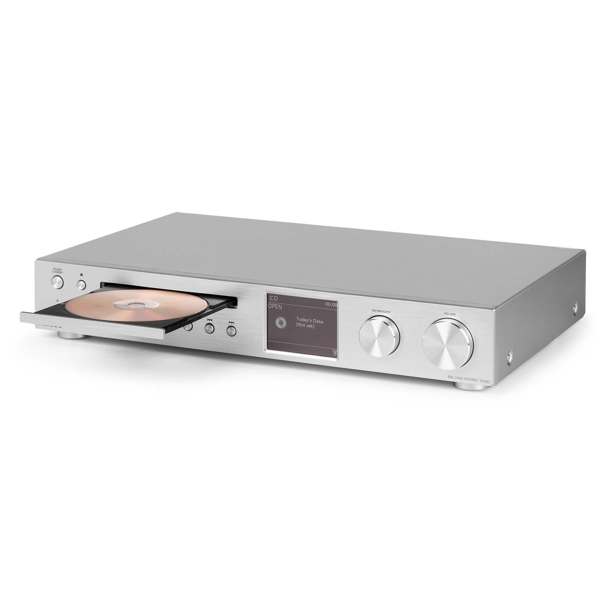 Audizio Bolzano, Internetradio WLAN, DAB Radio mit CD-Player, Spotify Player, Receiver 2x50 Watt, Bluetooth, Wecker, Fernbedienung, App-Steuerung, Toslink, Subwoofer-Anschluss, DAB+ FM, Silber