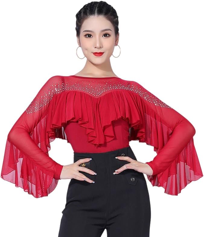 Adult Long Sleeve Latin Dancewear Women's Ruffles Salsa Dancing Outfit Ballroom Performance Clothing Tops for Samba