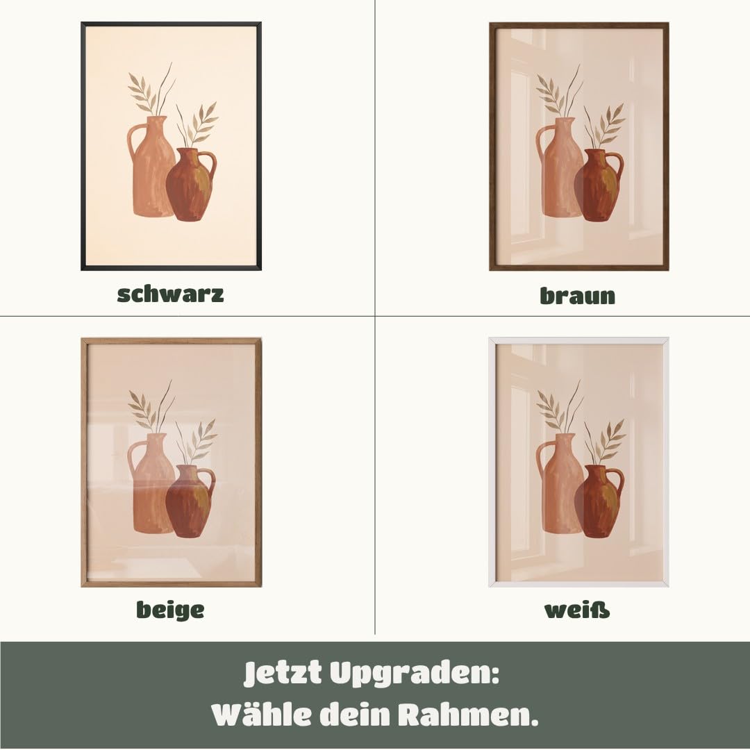 MJ-GRAPHICS® Poster Krüge Kunstdruck Blätter Wandbild minimalistisch Braun Beige Wohnzimmer Deko elegantes Kunstwerk harmonische Atmosphäre ideale Ergänzung A2 mit beigem Rahmen