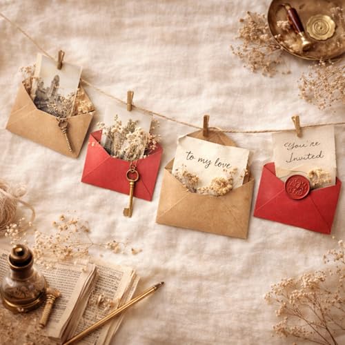 Image of Celebrations Vintage Brown & Red Kraft Paper Envelope Combo Set, Antique Style Retro Envelopes for Wedding Invitations, Greeting Cards, Valentine's Day, Letters & Journaling Pack Of 10