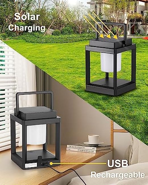 Outdoor Table Lamp, Led Lamps for Nightstand, Solar Lanterns Outdoor Hanging for Patio Waterproof, Cordless Battery Operated Lamp, Rechargeable Solar Lantern for Reading, Decor, Camping