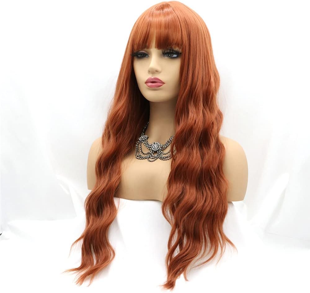 Xiweiya Wigs Long Curly Copper Red Lace Wig with Air Bangs Hair Length Synthetic Wave Heat Resistant Fiber Wigs Middle Parting for Women Drag Queen Cosplay Makeup (with U Part Lace) - Image 3