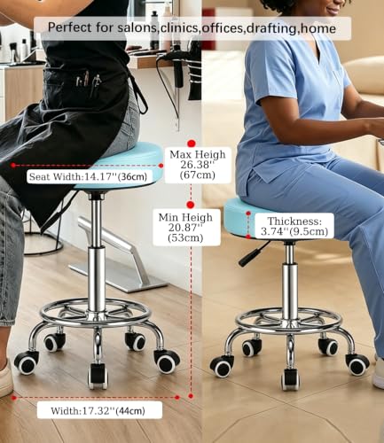 Image of 500lbs Heavy‑Duty Adjustable Rolling Stool with Wheels & Footrest Ring,Blue