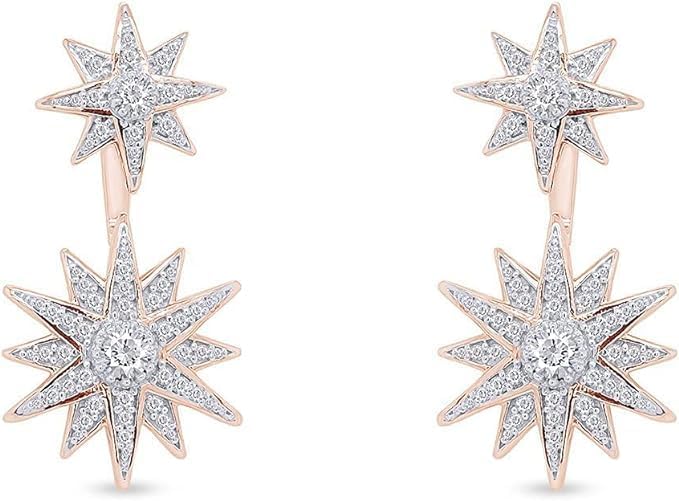 Created Real 925 Sterling Silver 14K Gold Finish Round Cut White Diamond New Year Special Double Starbursts Ear Jacket Stud Push Back Earrings Jewelry NewYear Gift for Women's