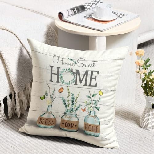 AwzyGous Kissenbezug Grüne Pflanze Blatt 40x40 Sommer Kissenhülle Leinen Rustikal Sofakissen Moderne Eukalyptusblatt für Dekokissen für Sofa Schlafzimmer Couch Outdoor Garten Terrasse 2er Set