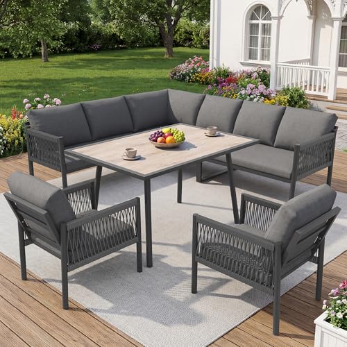 Easexcy Conjunto de muebles de jardín para exteriores con mesa, sofá de jardín en forma de L para 7-8 personas, incluye 1 mesa con tapa de cristal y 2 sillones trenzados a mano (gris)