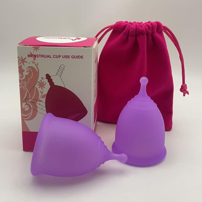 Copas menstruales reutilizables (tamaño opcional), copas menstruales, alto flujo y bajo flujo, productos de higiene femenina (morado (2 piezas), L (código))