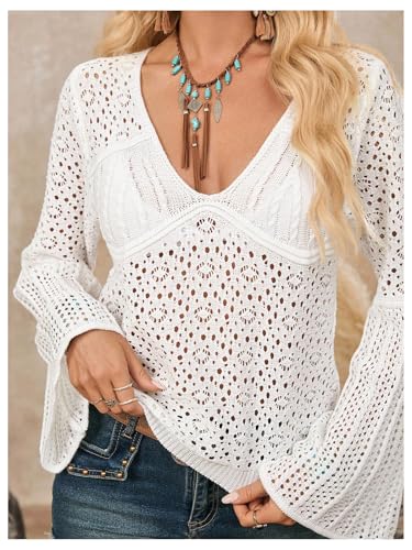SOLY HUX Women's V Neck Hollow Out Boho Sweater Long Bell Sleeve Shirts Beach Coverup4