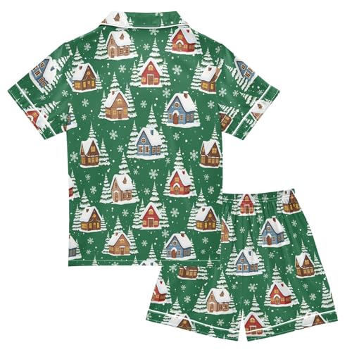 Satin Pajama Sets Short Sleeve Winter Village Scene Pattern Button Down Silky Nightwear 2 Piece PJS 5-14Y2