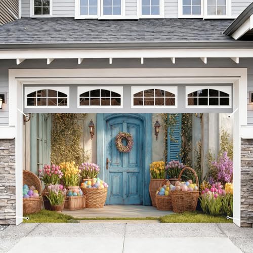 Image of Spring Blue Door Garage Cover 157x70 inch Easter Eggs Basket Tulip Floral Wreath Outdoor Mural Banner Farmhouse Waterproof Home Decor