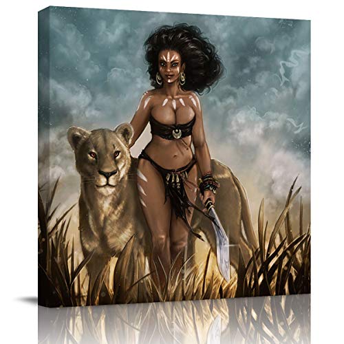 Arts Language Canvas Print Wall Art Cool African Women with Lion Animal Pattern Stretched and Framed Modern Giclee Artwork for Office/Livingroom/Bedroom/Hallway 20x20in Arts Language Canvas Print Wall Art Cool African Women with Lion Animal Pattern Stretched and Framed Modern Giclee Artwork for Office/Livingroom/Bedroom/Hallway 20x20in