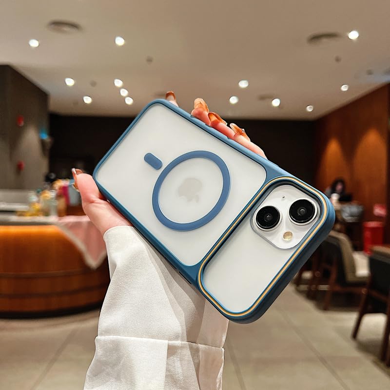 Image of LuxuryKase Frosted Clear MagSafe Case for iPhone 15 | Translucent Matte Back | Soft TPU Bumper + Hard PC Back | Raised Camera Protection | Wireless Charging Compatible - Blue