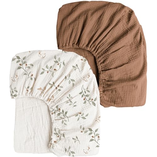 Image of Konssy Muslin Crib Sheets 2 PCS, 100% Cotton Baby Crib Sheets for Standard Crib Mattress (28"x 52"), Soft and Breathable for Boys, Girls (Rabbit,Chestnut)