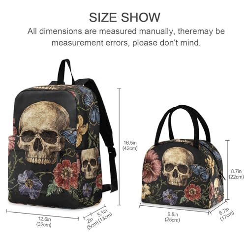 Backpack Lunch Bag Set Floral Butterfly Skull Print, Big Storage Travel Backpacks with Insulated Lunch Box for Office Hiking Picnic2