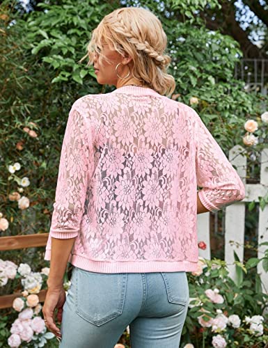 Image of Xunger Women's 3 /4 Sleeve Lace Cardigan Casual Open Front Floral Lace Shrug Summer Cover Up