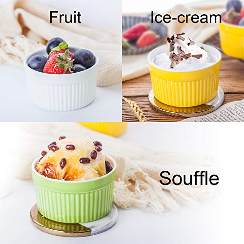6 Ounce Porcelain Souffle Dishes, Ramekins For Baking, Creme Brulee Dishes, Ceramic Pudding Cup For Jams, Ice Cream and Desserts, Six Colours, Set of 12